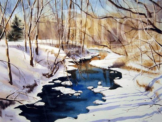Winter River with Evergreen, Northern Ontario (Watercolour)